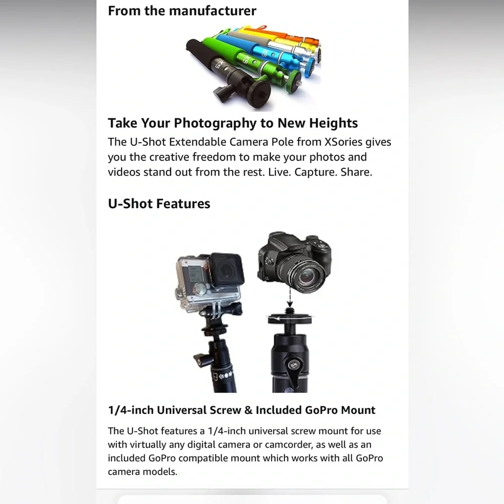 Telescoping Camera Pole Monopod Includes GoPro Mount, GoPro 3, 4